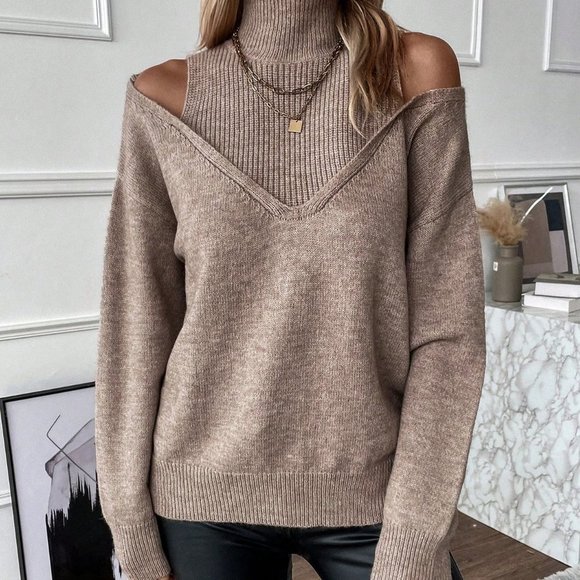 Khaki Casual Womens Turtleneck Cold Shoulder 2 In 1 Sweater - Picture 5 of 5